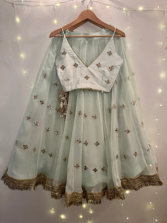 Our Sage Green Mirrorwork Lehenga