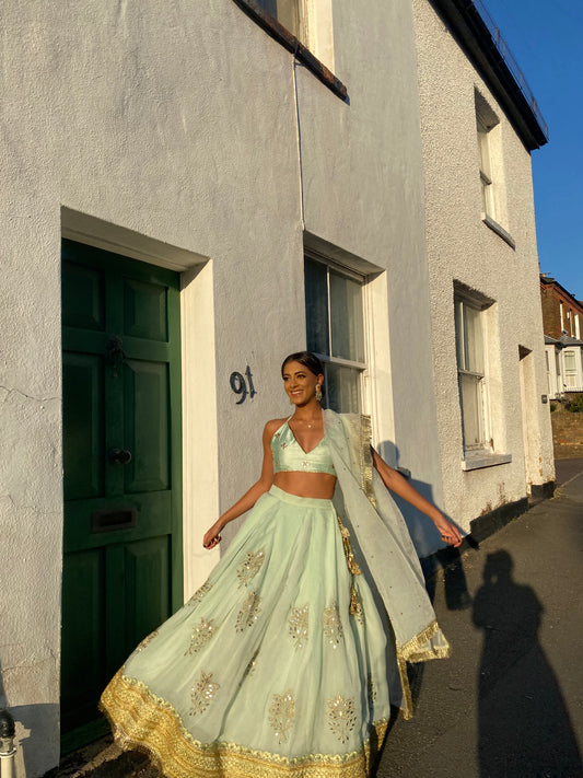 Our Sage Green Lotus Flower Lehenga