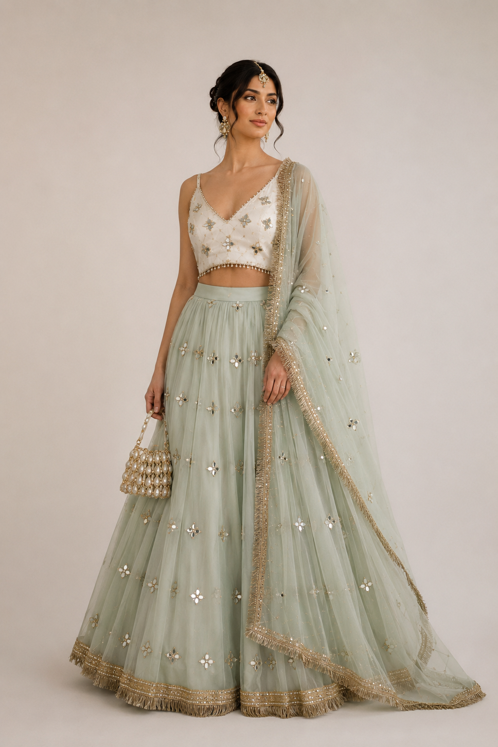 Our Sage Green Mirrorwork Lehenga
